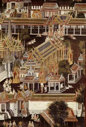 Detail of a mural depicting the Temple of the Emerald Buddha